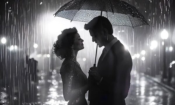 A romantic silhouette of a couple sharing an umbrella in the rain.