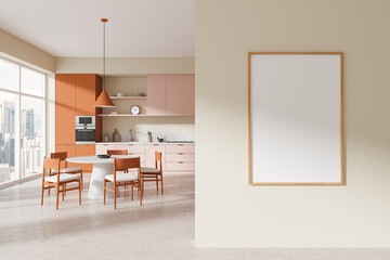 Home kitchen interior with dining table and cabinet, window. Mock up poster