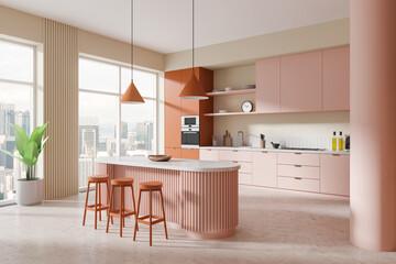 Modern kitchen interior with large windows and stylish furniture. 3D Rendering