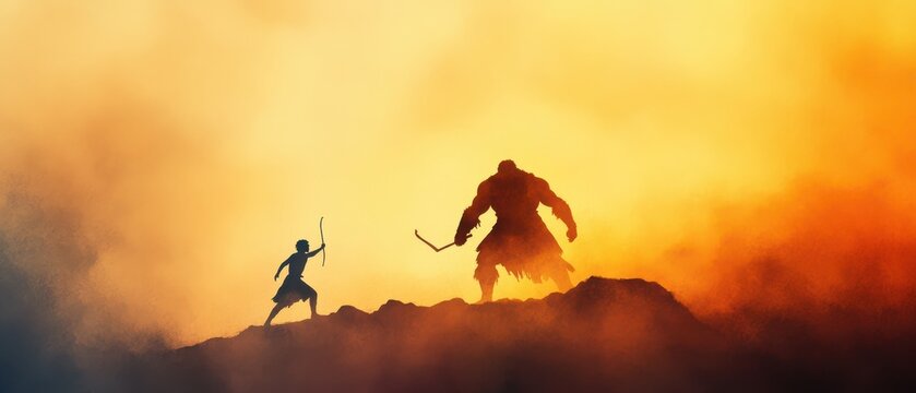 David and Goliath Watercolor Illustration, vibrant depiction of the biblical story, showcasing courage and faith in a dramatic scene.