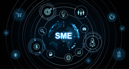 SME glowing hologram with business management icons