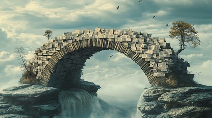 A waterfall flows beneath an arch made of stacked books, reaching into a misty sky.