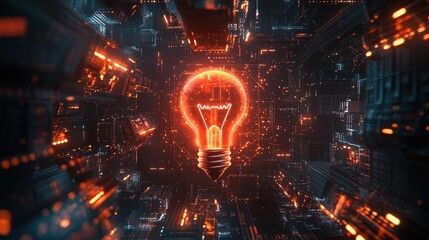 Glowing Light Bulb in Futuristic Environment