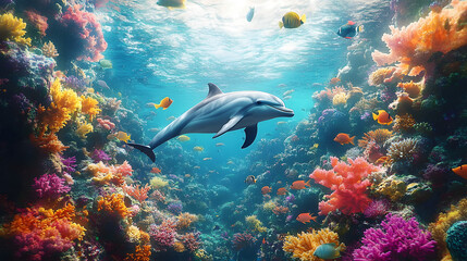 A dolphin swims through a colorful coral reef. The scene is vibrant and lively, with a variety of fish swimming around the dolphin. Concept of freedom and joy