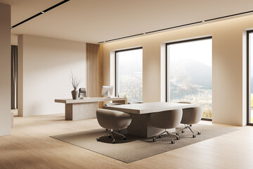 Modern office interior design with natural light and minimalistic furniture. 3D Rendering