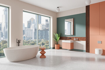 Colored home bathroom interior with tub, toilet and sink near panoramic window