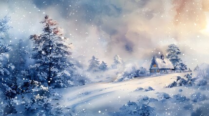 Watercolor Winter Landscape with Snow, pine trees and house