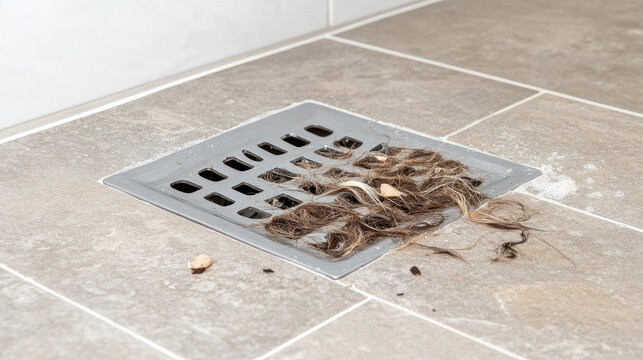 A close-up of a shower drain with a hair trap, showing hair and other debris, emphasizing cleanliness and bathroom maintenance --chaos