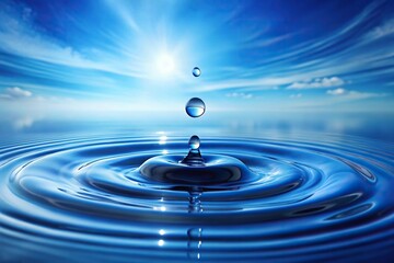 Water droplets falling from a blue sky background, creating a sense of calm and serenity, infinite, calming, sky