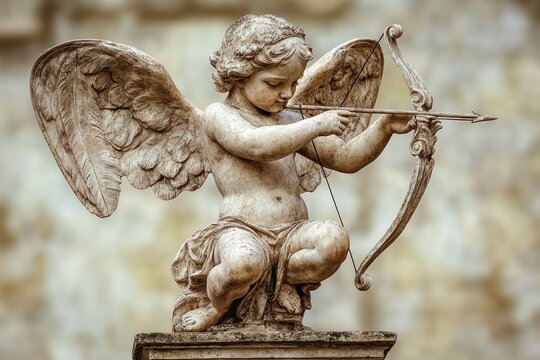 Ancient statue of cupid aiming with bow and arrow