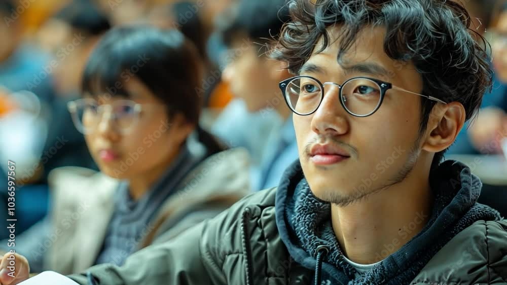 Poster a young man with curly hair is concentrating during a lecture at a university. he is surrounded by o