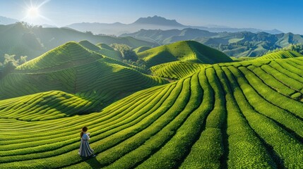 Obraz premium A lone figure in a tea plantation