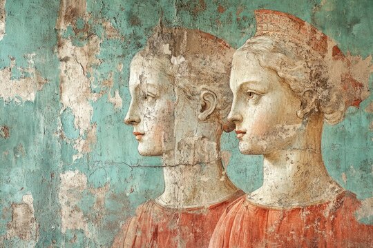 Two renaissance women posing in profile showing cracked fresco painting technique