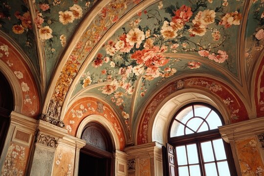 Elegant floral fresco painting decorating a vaulted ceiling in a historical building