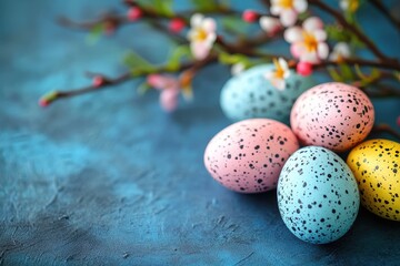 Obraz premium Easter eggs lying near blooming branch on blue background