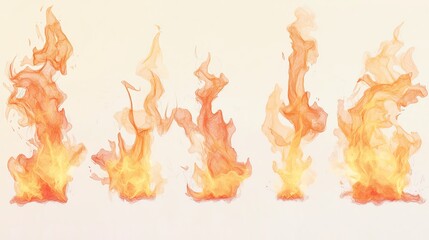 Colorful watercolor flames on white isolated background, suitable for designs and creative projects.