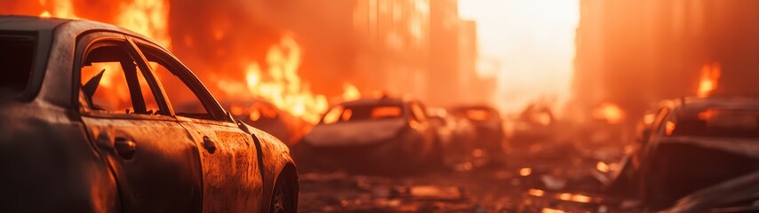 Urban chaos, flames engulf abandoned vehicles, smoke billowing into the night sky, a scene of destruction and despair on a city street.