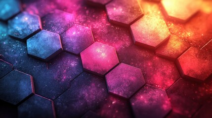 Colorful hexagonal patterns create a mesmerizing abstract design featuring vibrant shades of purple, blue, and orange