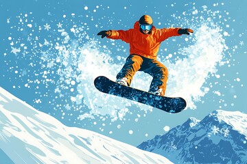 A snowy mountain landscape featuring a snowboarder catching air in bright winter sunlight