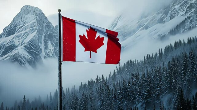 The Canadian flag waves proudly against a backdrop of snow-covered mountains and a dense forest on a cold winter day