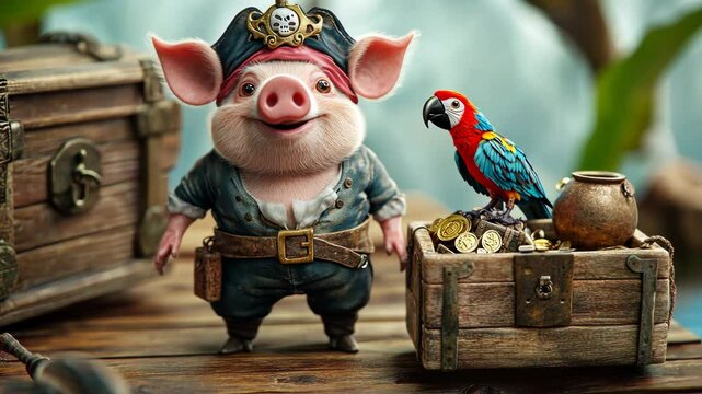 A pirate pig stands next to a treasure chest filled with gold coins, watched by a parrot
