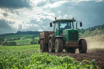Fototapeta premium Powerful green tractor working in the field on a cloudy day