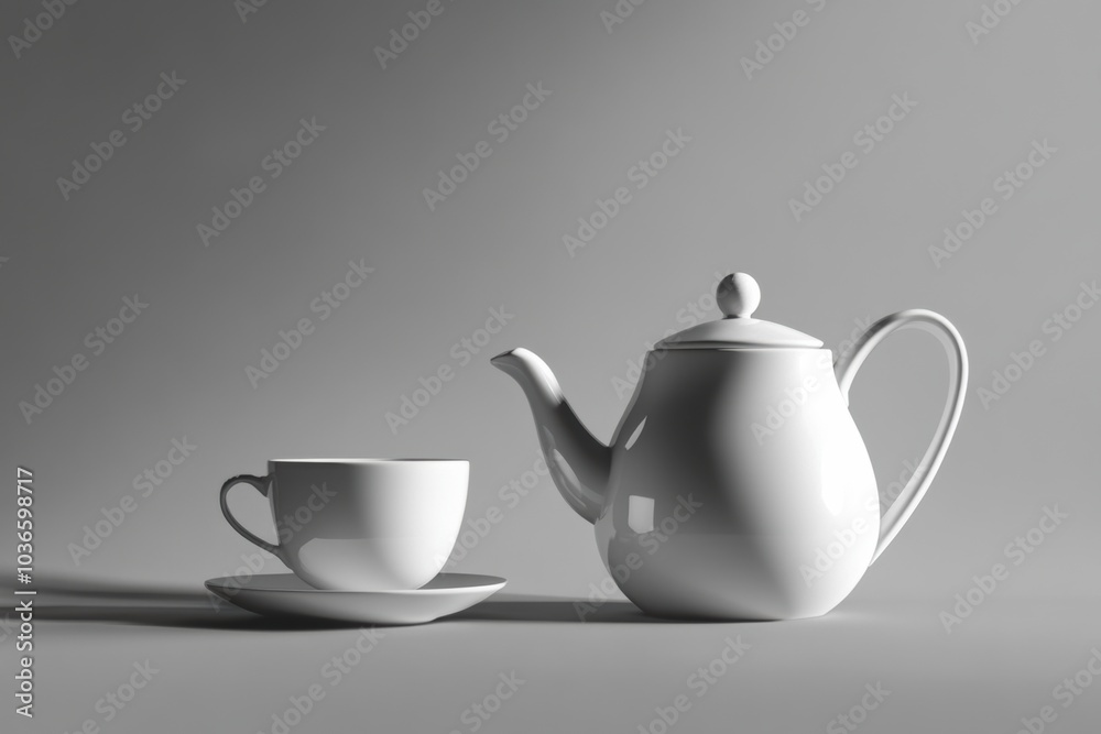 Poster a minimalist setting features a white tea kettle beside a cup and saucer, inviting a tranquil tea ex