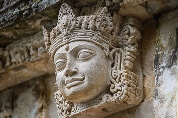 Obraz premium Ancient stone carving showing the face of a king in a temple in angkor wat, cambodia