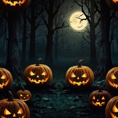 A spooky Halloween scene with glowing jack-o-lanterns in a dark forest lit by a full moon.