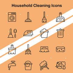 Set of household cleaning icons representing cleaning products and tools suitable for home and lifestyle themes.