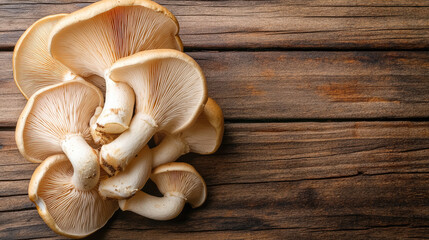 A cluster of Pleurotus eryngii mushrooms with their stems pointing upward, placed on a wooden surface, emphasizing their unique shape and texture --chaos