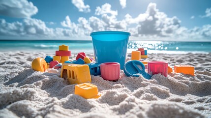 Colorful beach toys scattered on sand under a bright sky.