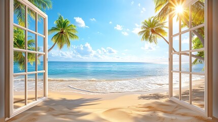 Open window view of a tropical beach with palm trees and clear blue sky.