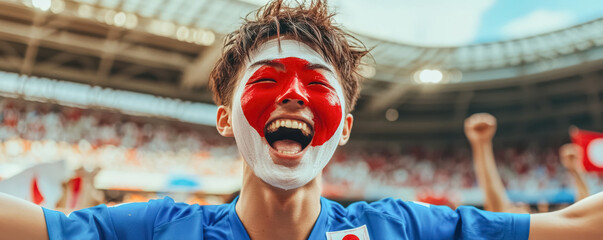 Excited Japanese Soccer Fan Celebrating Victory with National Colors. A young Japanese male with light skin and painted face, smiling broadly, passionately cheering during a football match. 