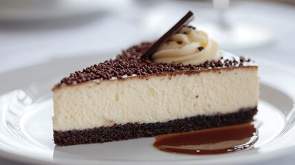 cream cheese served elegantly on a white plate, accompanied by a dollop of golden sauce. The soft, smooth cheesecake contrasts nicely with the glossy surface. Chocolate cake with chocolate sprinkles