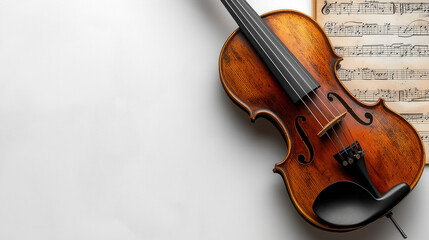 Fototapeta premium A close-up of a wooden violin placed next to a sheet of music on a white background. Copy space