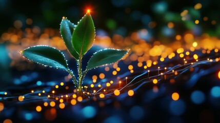 A seedling sprouting from a glowing circuit, connected to a sustainable cycle-powered system that feeds its growth with energy, generated with AI.