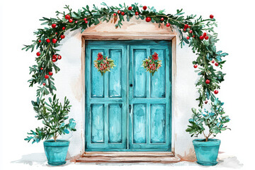 Fototapeta premium A charming blue door adorned with festive decorations, flanked by potted plants and vibrant greenery, evoking a warm, inviting holiday spirit.