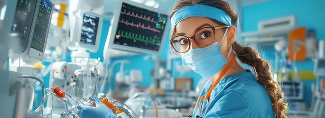 Female surgeon in scrubs in an operating room, looking at camera