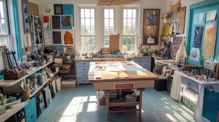 A well-lit, rustic art studio filled with creative clutter and natural light.
