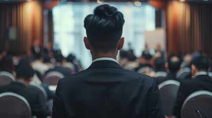 Business Professional Delivering Presentation to Audience in Modern Conference Room Setting