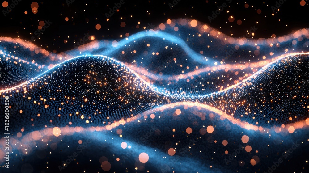 Poster colorful abstract wave patterns glowing with blue and orange light in a dark background creating a m