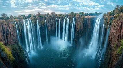 Fototapeta premium Majestic waterfall cascading over a cliff face with lush green foliage and a blue sky with white clouds.
