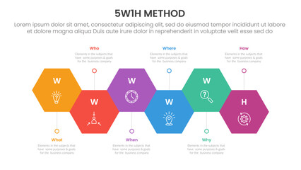 5W1H analysis infographic with hexagon shape horizontal up and down with 6 step points for slide presentation