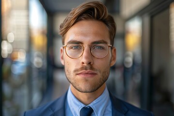 Obraz premium A businessman making direct eye contact with the camera, projecting confidence and reliability.