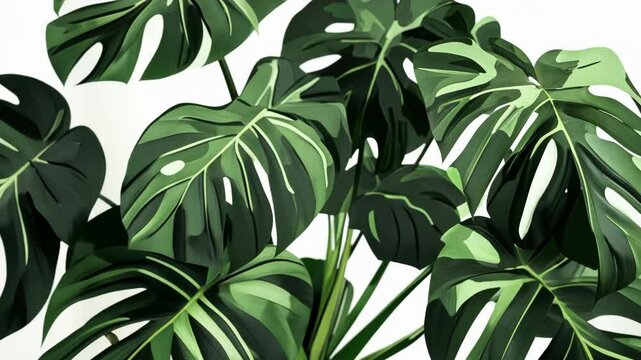Large, green monstera leaves with white veins and a white background