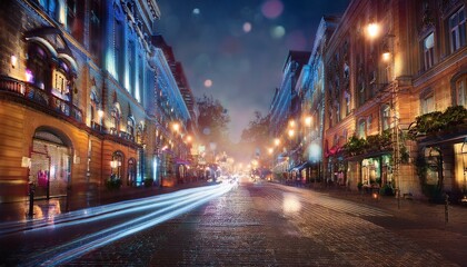 Obraz premium Raindrops dance on the pavement, reflecting colorful lights. 