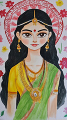 Fototapeta premium Illustration of Goddess Sita in a Saffron Saree, Smiling Softly in a Watercolor Forest