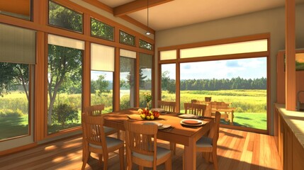 Sunny dining room with a wooden table and chairs, set for a meal, looking out at a lush green backyard.