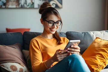 Fototapeta na wymiar Smiling young woman wearing glasses looking at cell phone doing ecommerce mobile shopping relaxing on sofa in living room. Happy mature young woman using smartphone sitting on couch at home